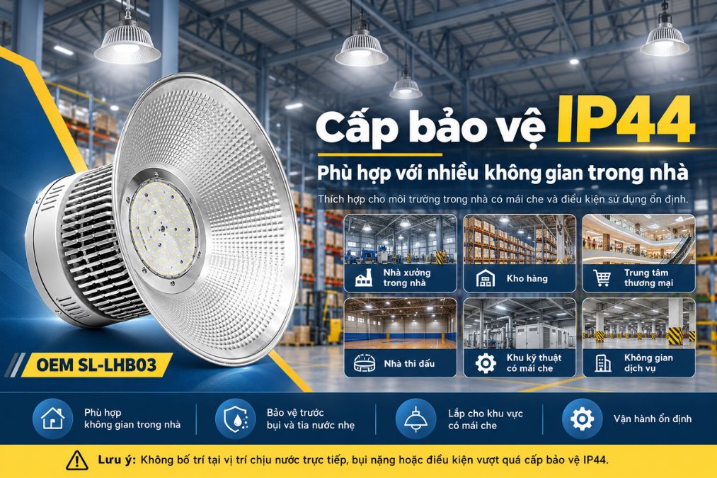 SL-LHB03 đạt cấp bảo vệ IP44, phù hợp với nhiều môi trường trong nhà có mái che và điều kiện sử dụng tương đối ổn định.
