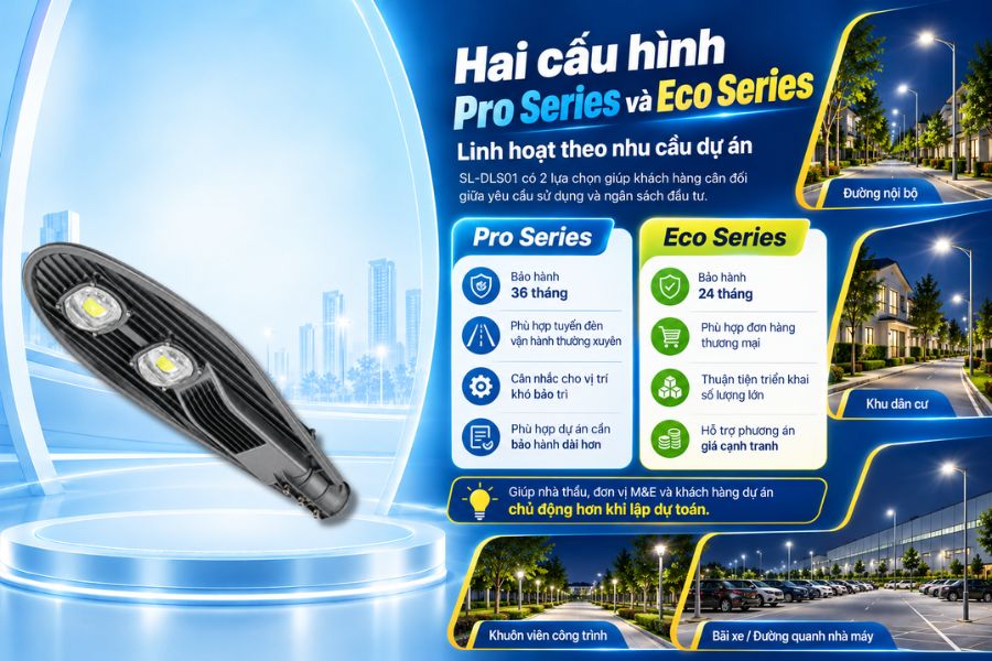 SL-DLS01-100 được cung cấp với hai lựa chọn Pro Series và Eco Series, giúp khách hàng dễ cân đối giữa yêu cầu sử dụng, thời gian bảo hành và ngân sách đầu tư.