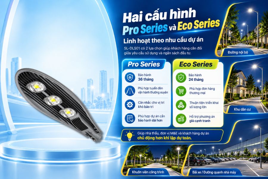 SL-DLS01-150 được cung cấp với hai lựa chọn Pro Series và Eco Series, giúp khách hàng dễ cân đối giữa yêu cầu sử dụng, thời gian bảo hành và ngân sách đầu tư.