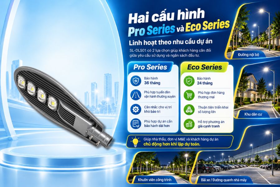 SL-DLS01-200 được cung cấp với hai lựa chọn Pro Series và Eco Series, giúp khách hàng dễ cân đối giữa yêu cầu sử dụng, thời gian bảo hành và ngân sách đầu tư.