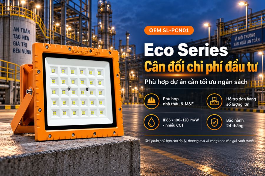 Đèn pha chống nổ SL-PCN01-200EC thuộc Eco Series, được định hướng cho các dự án cần cân đối giữa thông số kỹ thuật và chi phí đầu tư.