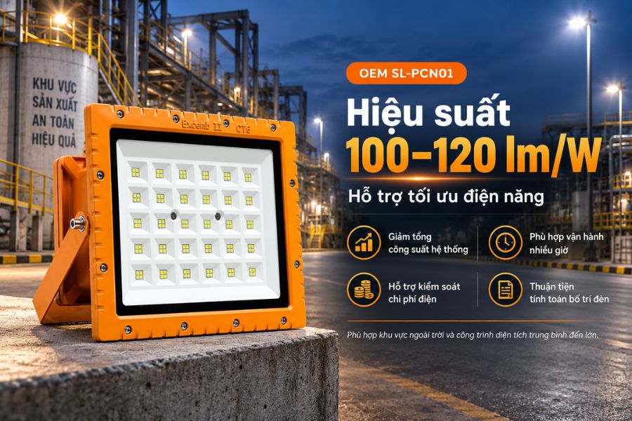 Đèn pha chống nổ OEM SL-PCN01-200EC đạt hiệu suất 100–120 lm/W
