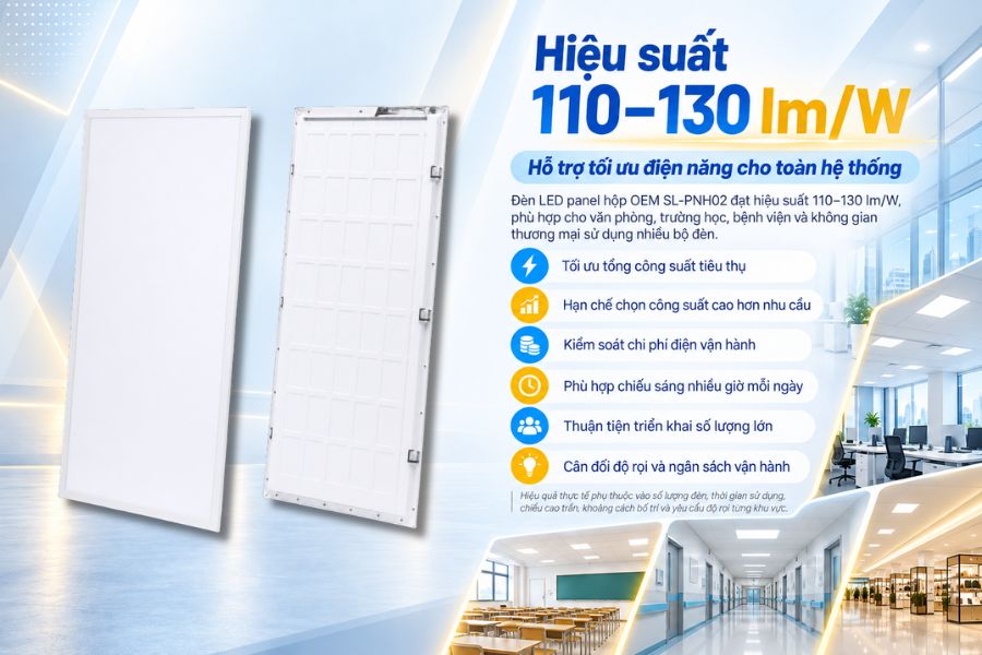 Đèn LED panel hộp OEM SL-PNH02 đạt hiệu suất 110–130 lm/W