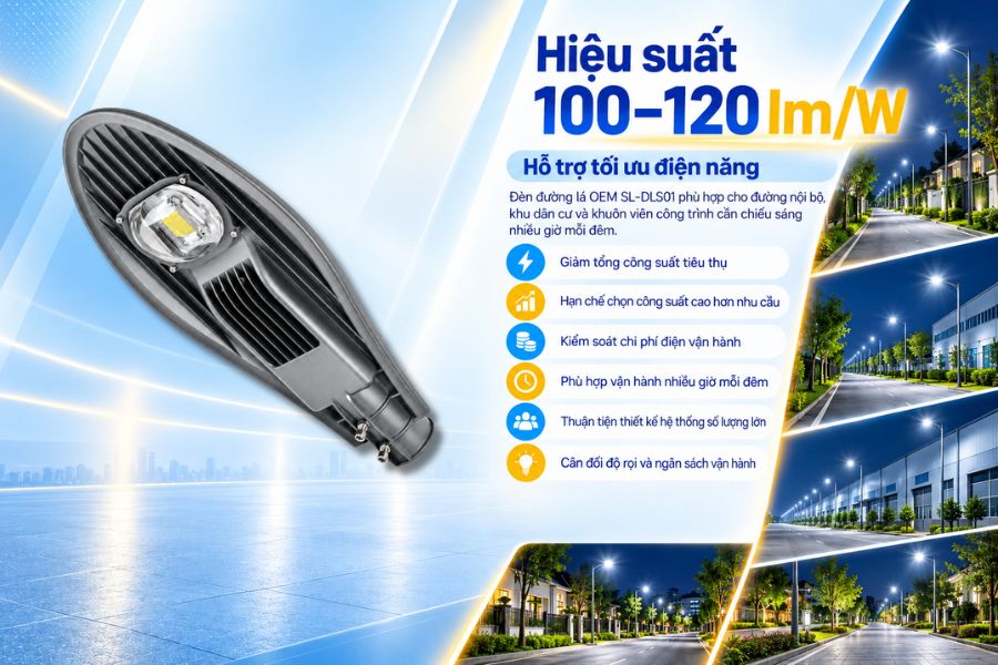 Đèn đường lá OEM SL-DLS01-50 đạt hiệu suất 100–120 lm/W