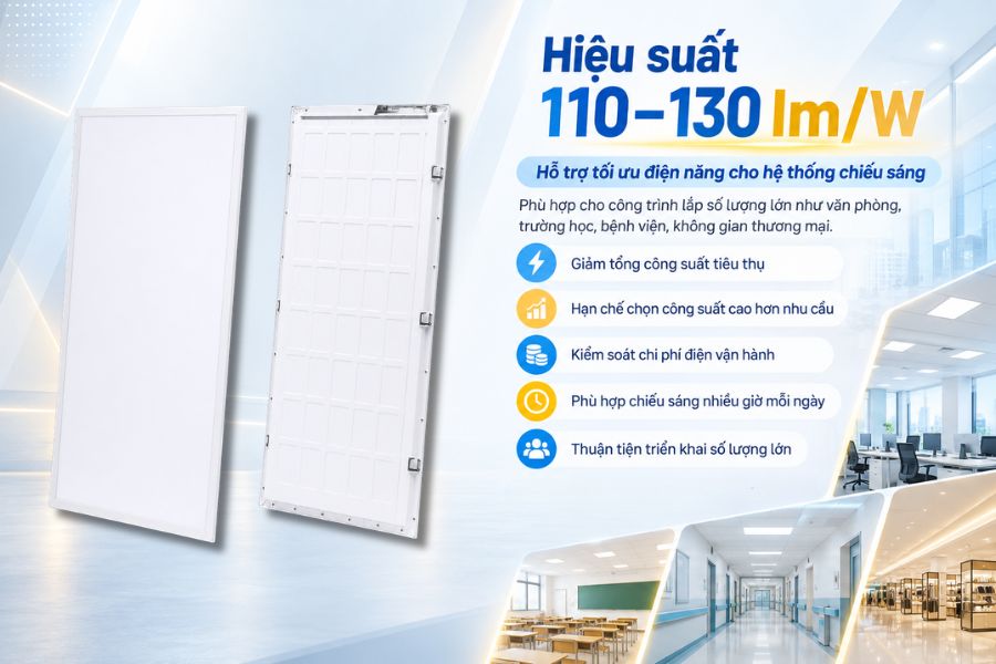 Cung cấp lượng ánh sáng phù hợp cho nhiều khu vực làm việc và sinh hoạt chung, đồng thời hỗ trợ nhà thầu cân đối giữa độ sáng, số lượng đèn và chi phí điện trong quá trình vận hành.