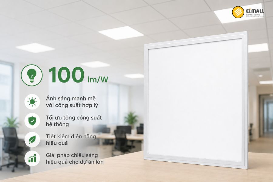 Philips CertaFlux LED BL Panel 6060 MD3 đạt hiệu suất khoảng 100 lm/W, hỗ trợ chiếu sáng hiệu quả và tối ưu điện năng cho công trình.