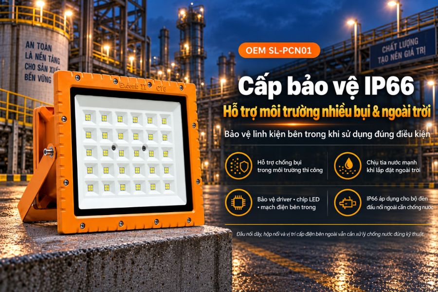 SL-PCN01-200EC đạt cấp bảo vệ IP66, giúp tăng khả năng bảo vệ các linh kiện bên trong trước bụi và nước trong điều kiện sử dụng phù hợp.