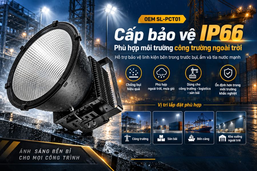 Đèn pha chiếu cẩu SL-PCT01-200 đạt cấp bảo vệ IP66, giúp sản phẩm phù hợp hơn với những vị trí thường xuyên chịu ảnh hưởng của bụi và nước.