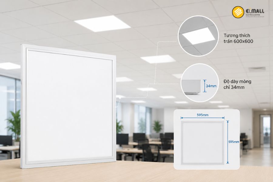 Philips CertaFlux LED BL Panel 6060 MD3 kích thước 595 x 595 x 34mm, phù hợp hệ trần 600x600, giúp lắp đặt gọn gàng và đồng bộ.