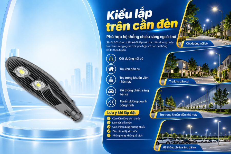 SL-DLS01-100 được thiết kế để lắp trên cần đèn đường hoặc trụ chiếu sáng ngoài trời, phù hợp với các hệ thống chiếu sáng bố trí theo tuyến.