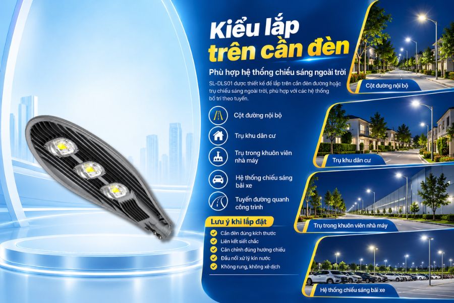 SL-DLS01-150 được thiết kế để lắp trên cần đèn đường hoặc trụ chiếu sáng ngoài trời, phù hợp với các hệ thống chiếu sáng bố trí theo tuyến.