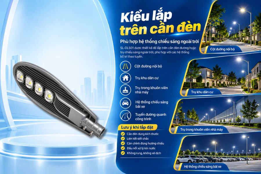 SL-DLS01-200 được thiết kế để lắp trên cần đèn đường hoặc trụ chiếu sáng ngoài trời, phù hợp với các hệ thống chiếu sáng bố trí theo tuyến.
