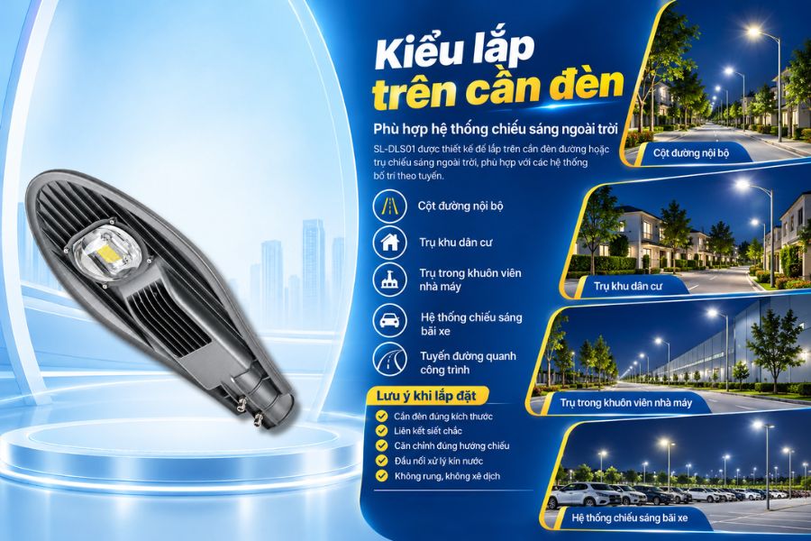 SL-DLS01-50 được thiết kế để lắp trên cần đèn đường hoặc trụ chiếu sáng ngoài trời, phù hợp với các hệ thống bố trí theo tuyến.