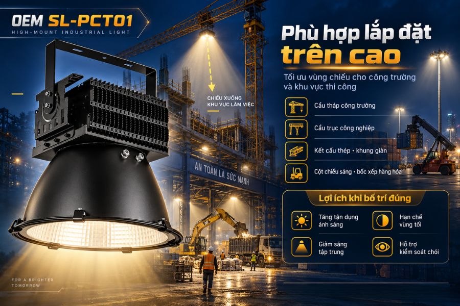 Một trong những đặc điểm quan trọng của đèn pha chiếu cẩu là khả năng làm việc tại các vị trí có chiều cao lớn.