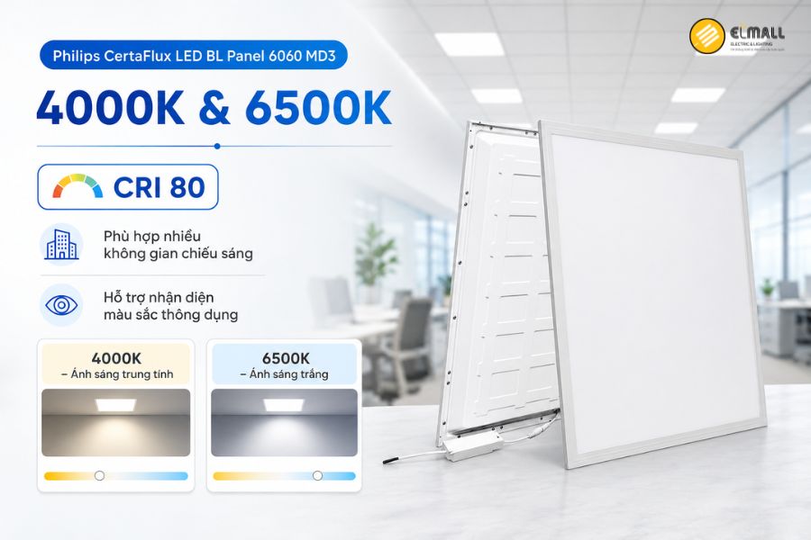 Philips CertaFlux LED BL Panel 6060 MD3 có 2 lựa chọn 4000K/6500K và CRI 80, đáp ứng linh hoạt nhu cầu chiếu sáng và nhận diện màu sắc thông dụng.