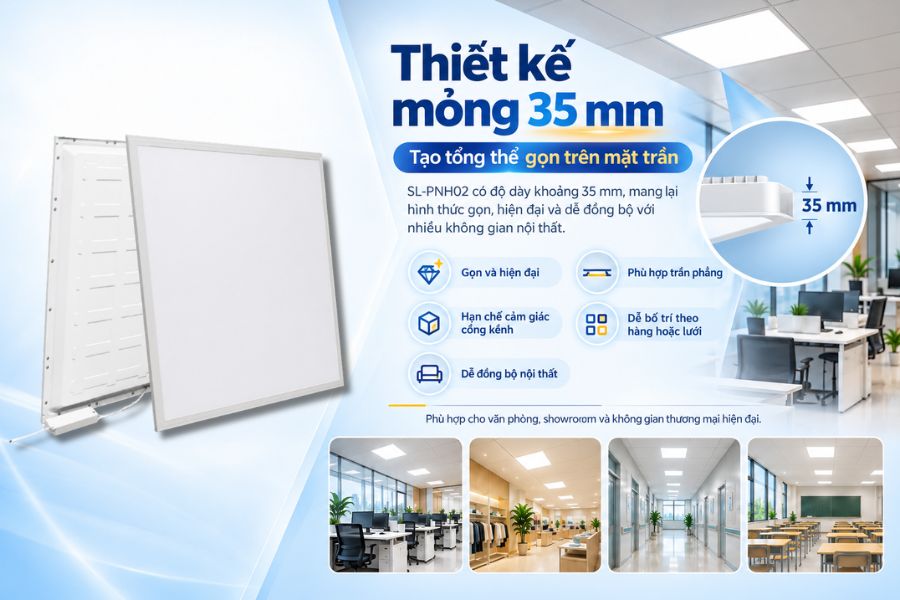Đèn có thiết kế tương đối mỏng so với diện tích bề mặt phát sáng