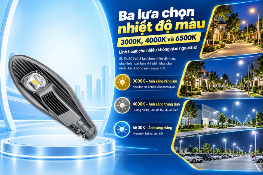 SL-DLS01-50 có ba lựa chọn nhiệt độ màu gồm 3000K, 4000K và 6500K, giúp sản phẩm linh hoạt hơn khi triển khai cho nhiều loại không gian ngoài trời.