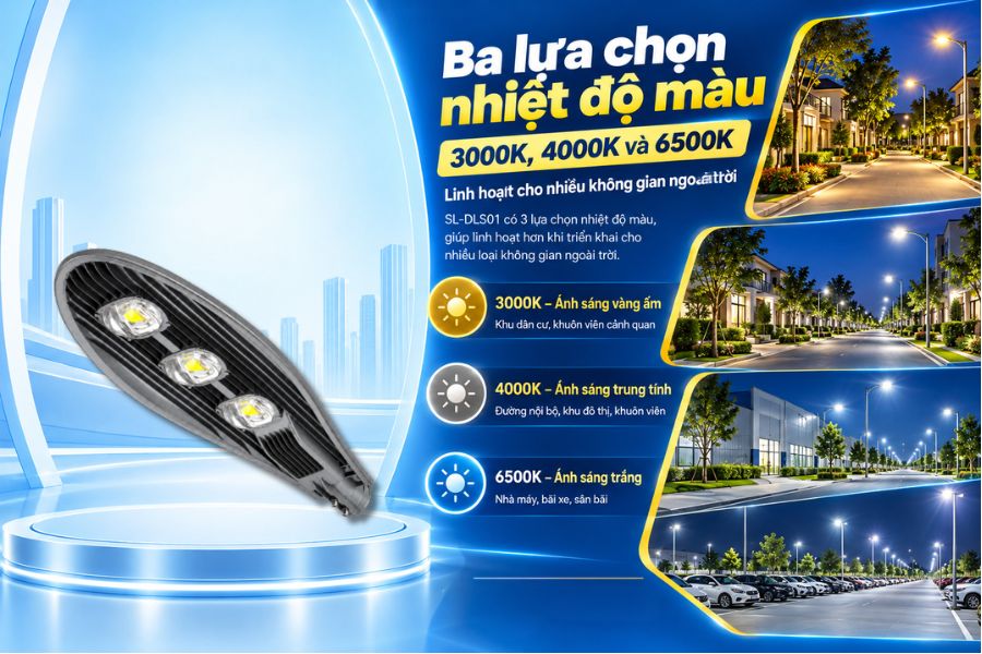 SL-DLS01-150 có ba lựa chọn nhiệt độ màu gồm 3000K, 4000K và 6500K, giúp sản phẩm linh hoạt hơn khi triển khai cho nhiều loại không gian ngoài trời.