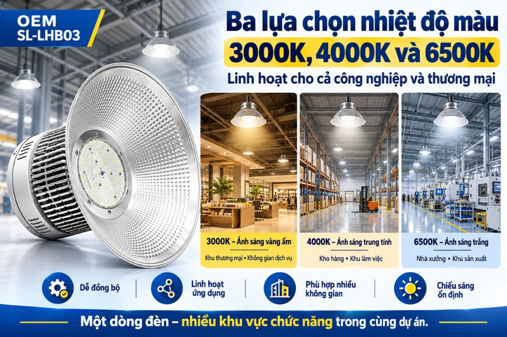 SL-LHB03 có ba lựa chọn nhiệt độ màu gồm 3000K, 4000K và 6500K, giúp sản phẩm linh hoạt hơn khi triển khai cho cả công nghiệp và thương mại.