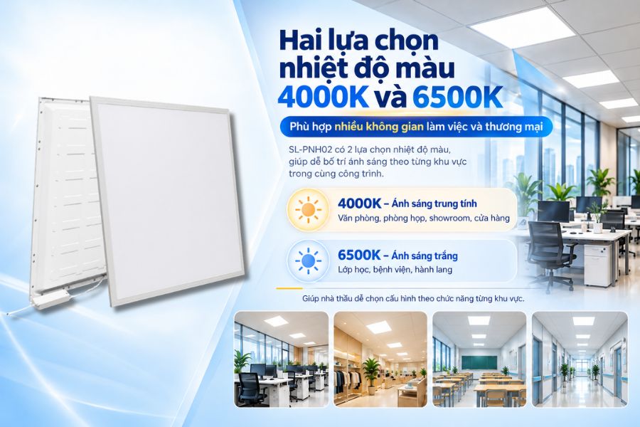 SL-PNH02 có hai lựa chọn nhiệt độ màu gồm 4000K và 6500K, phù hợp với nhiều không gian làm việc và thương mại.