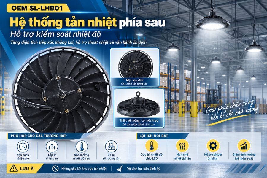 SL-LHB01-200 được thiết kế với hệ thống tản nhiệt phía sau, giúp tăng diện tích tiếp xúc với không khí và hỗ trợ thoát nhiệt ra môi trường.