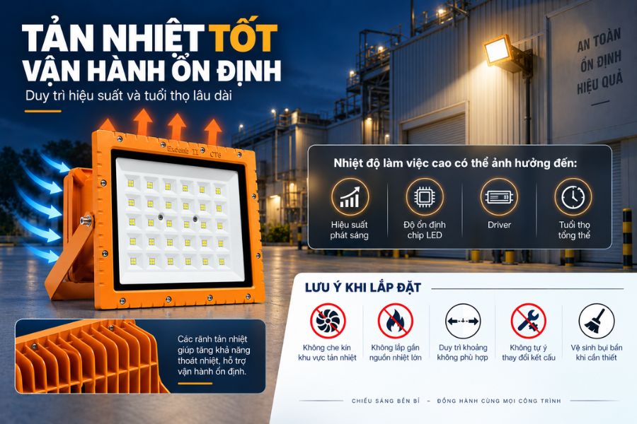 Đèn pha chống nổ với khả năng tản nhiệt tốt, vận hành ổn định