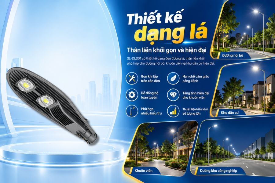 Kiểu dáng này phù hợp với nhiều hệ thống chiếu sáng ngoài trời, đặc biệt là các tuyến đường nội bộ, khuôn viên, khu dân cư và bãi xe.