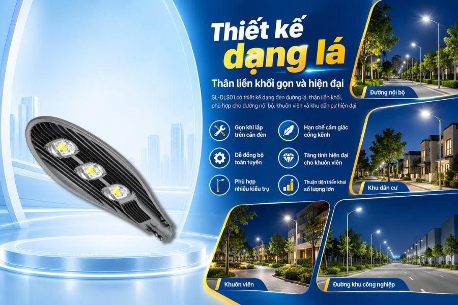 Kiểu dáng này phù hợp với nhiều hệ thống chiếu sáng ngoài trời, đặc biệt là các tuyến đường nội bộ, khuôn viên, khu dân cư, bãi xe và sân bãi.