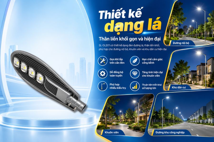 Kiểu dáng này phù hợp với nhiều hệ thống chiếu sáng ngoài trời, đặc biệt là các tuyến đường nội bộ, khuôn viên, khu dân cư, bãi xe và sân bãi.