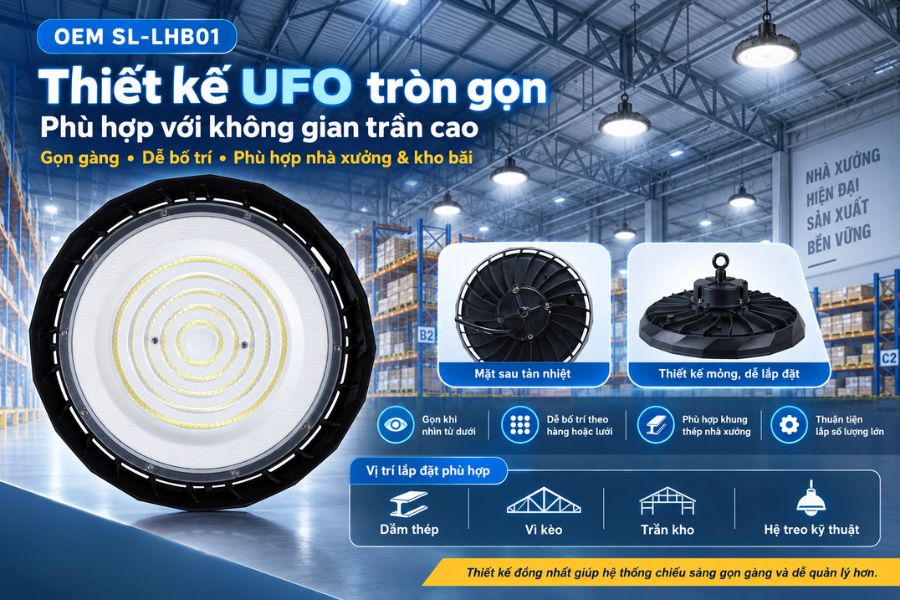 SL-LHB01-200 sử dụng thiết kế UFO tròn, kiểu dáng phổ biến trong nhóm đèn highbay dùng cho nhà xưởng và kho bãi.