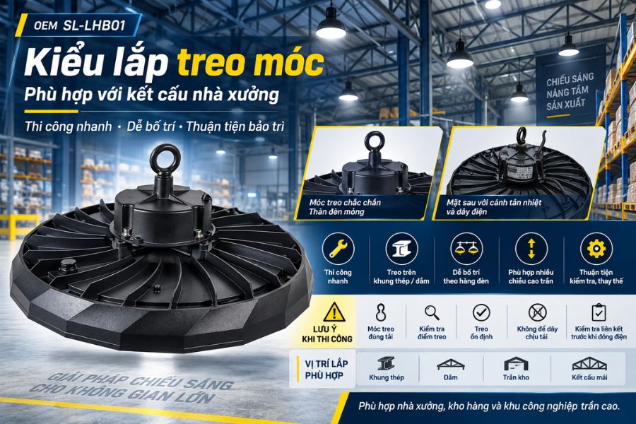SL-LHB01-200 sử dụng kiểu treo móc, phù hợp với đặc điểm thi công của nhiều nhà xưởng, kho hàng và khu công nghiệp.